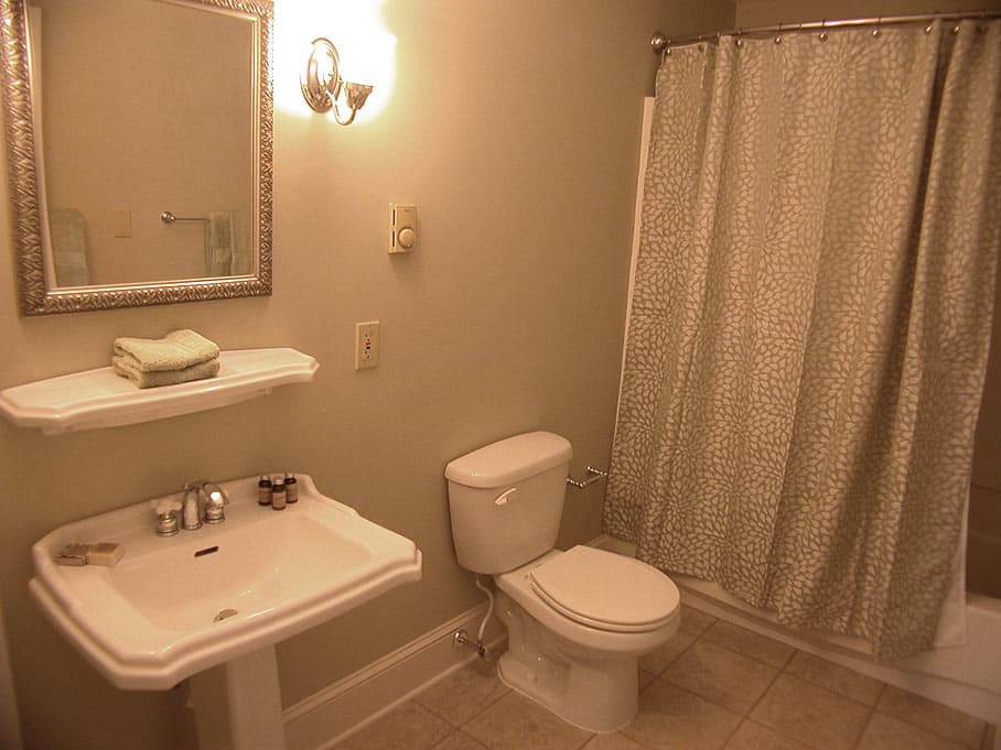 A clean, traditional bathroom with a white pedestal sink, a toilet, a shower with a patterned curtain, and light gray-green walls.