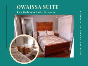 Image of the Owaissa Suite, a two-bedroom accommodation that sleeps six, featuring a bed and cozy decor.
