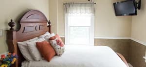 Cozy bedroom featuring a wooden bed, decorative pillows, and a wall-mounted TV.