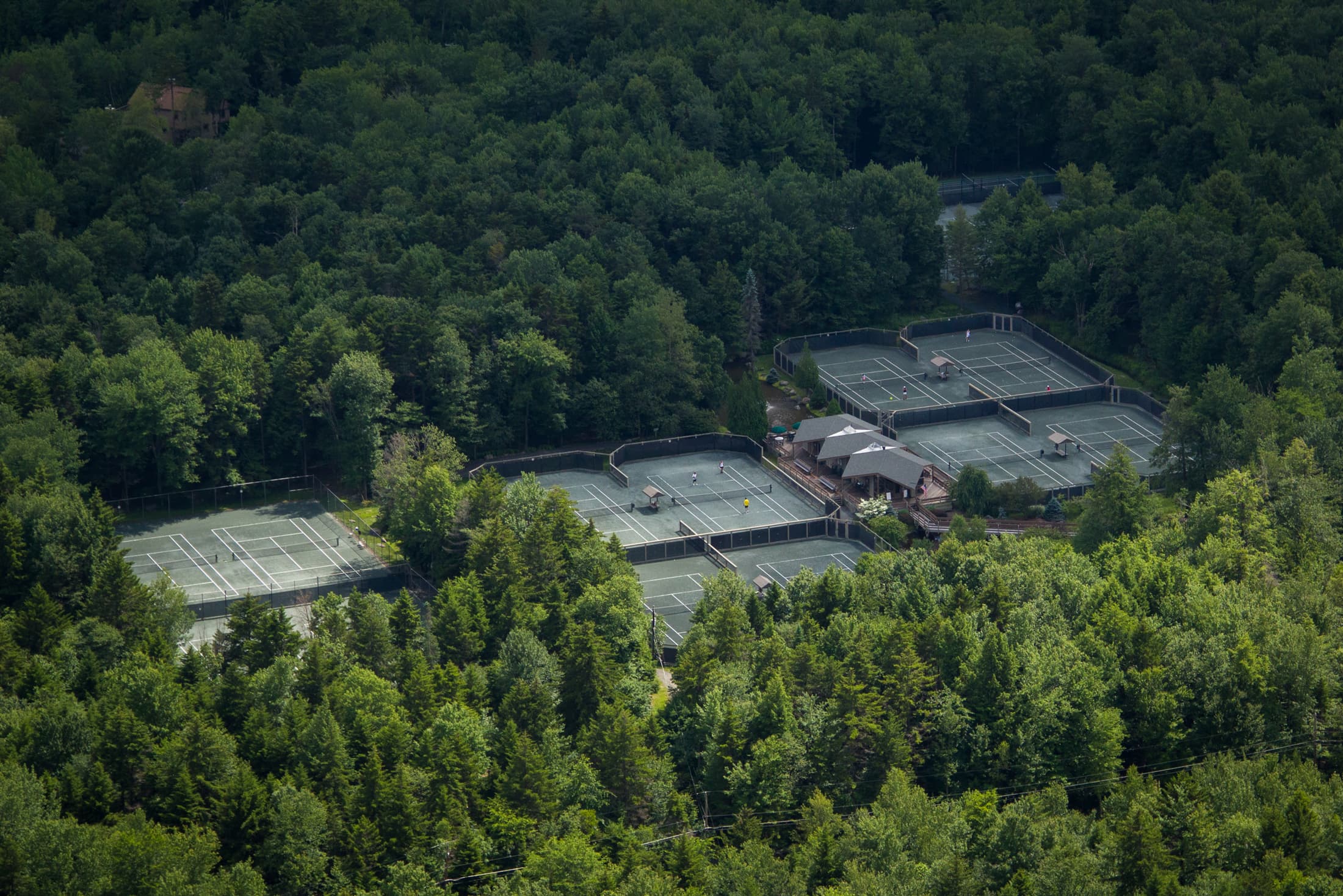 Aerial view of multiple tennis courts surrounded by lush greenery.