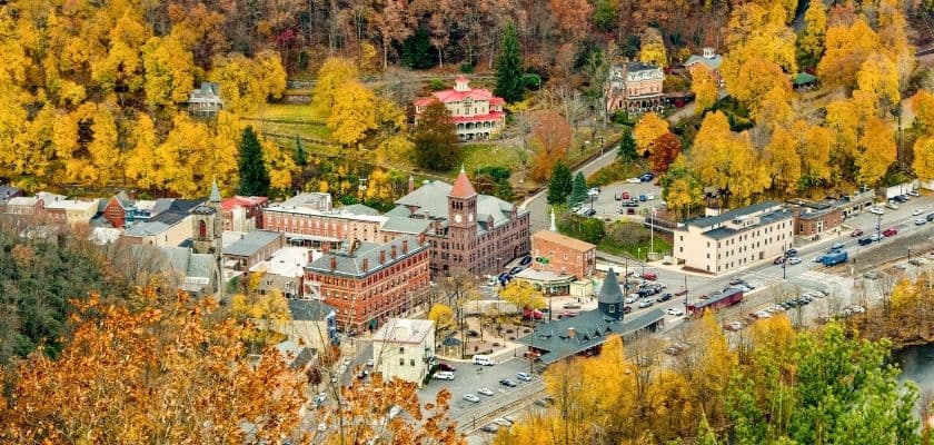 aerial view of jim thorpe pennsylvania surrounded by colorful fall foliage and historic buildings