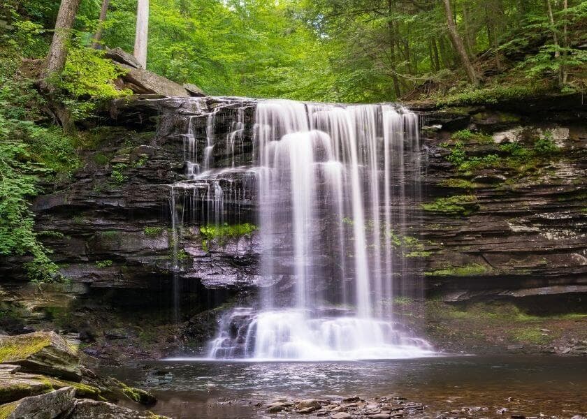 a waterfall in pennsylvania surrounded by lush foliage in the backdrop