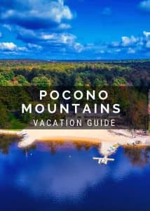 A brochure with mountains and lake and words that say "Pocono Mountain Vacation Guide"